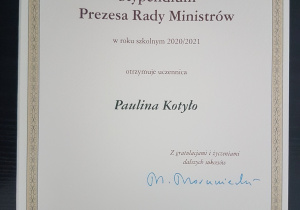 dyplom Stypendium Prezesa Rady Ministrów dla Pauliny Kotyło